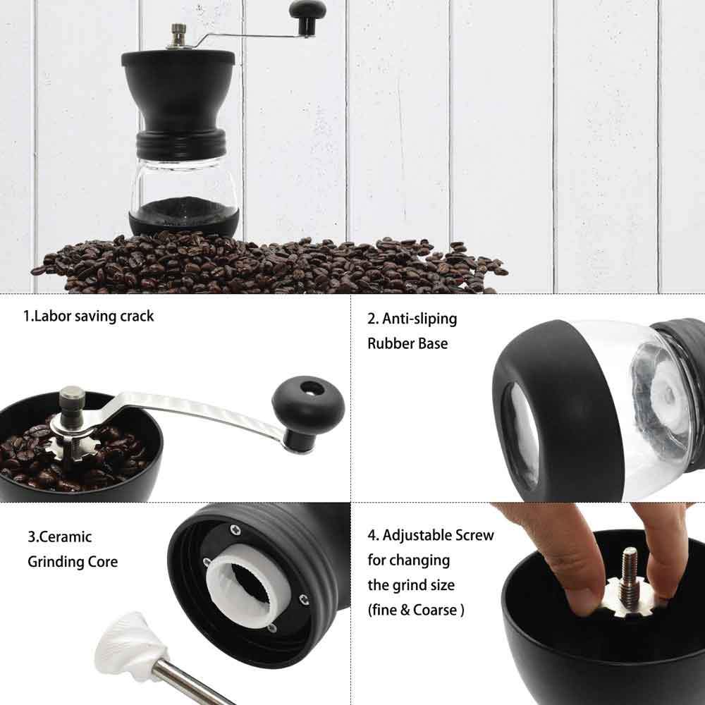 Coffee Bean Grinder - Manual Hand Stainless Ceramic Burr Core Glass