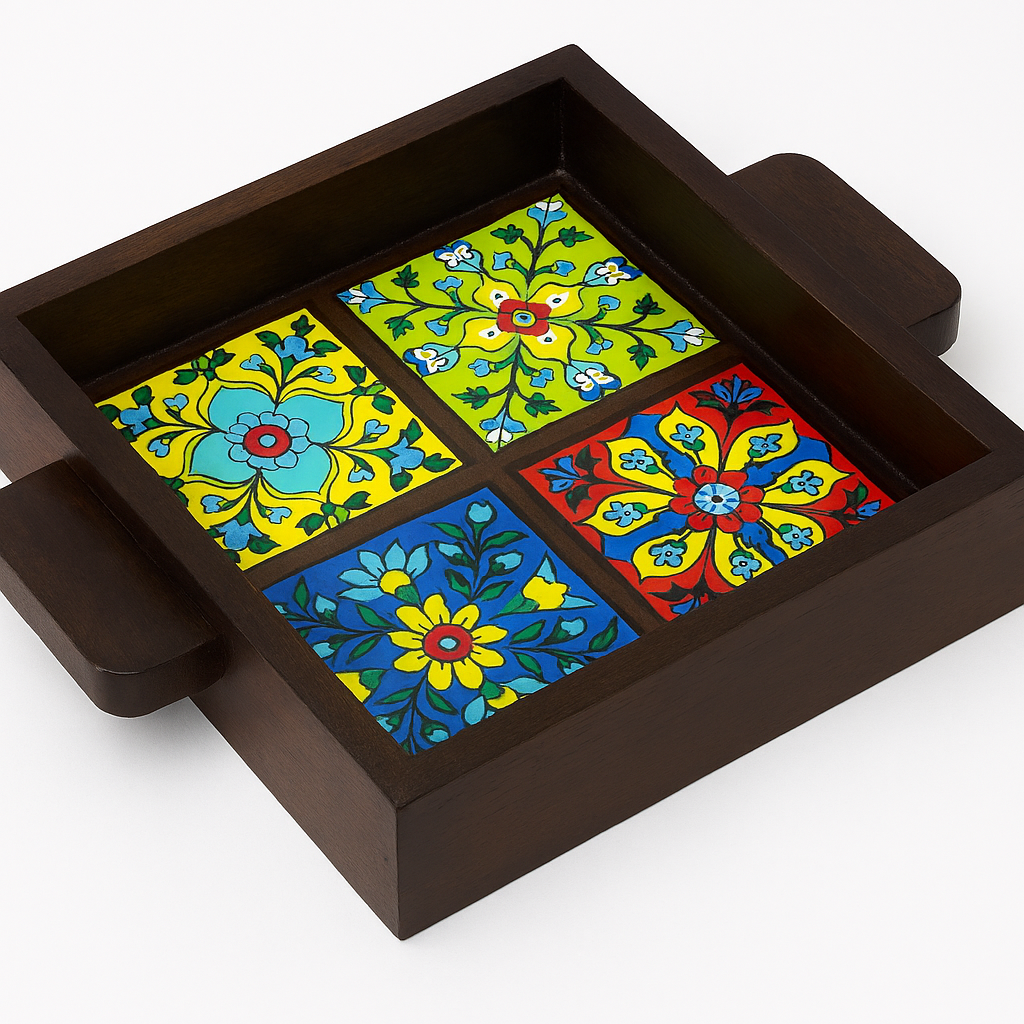 Wooden Serving Tray with Colorful Hand